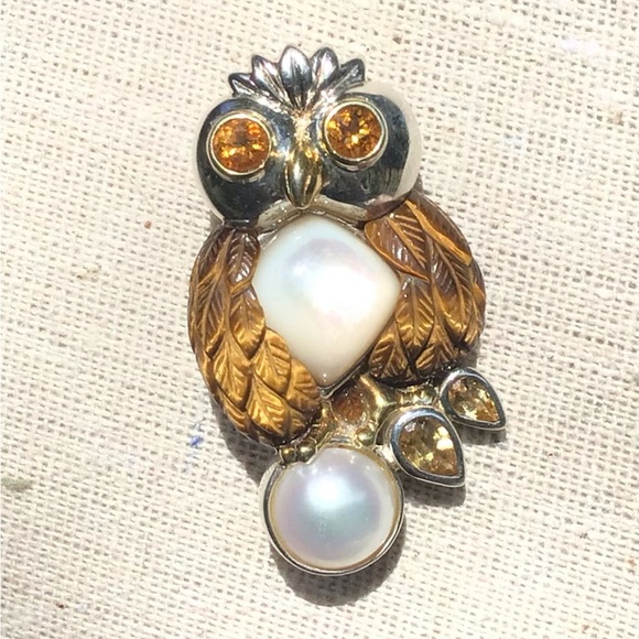 Whitney Kelly Silver Owl Brooch vintage pendant tigers eye topaz citrine pearl